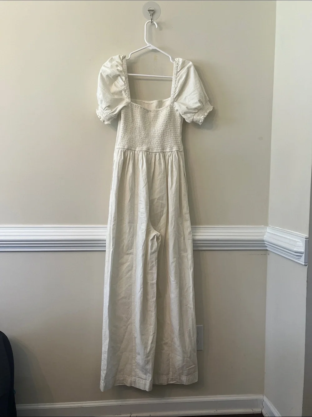Free People White Square-Neck Puff-Sleeve Barrel style  Jumpsuit